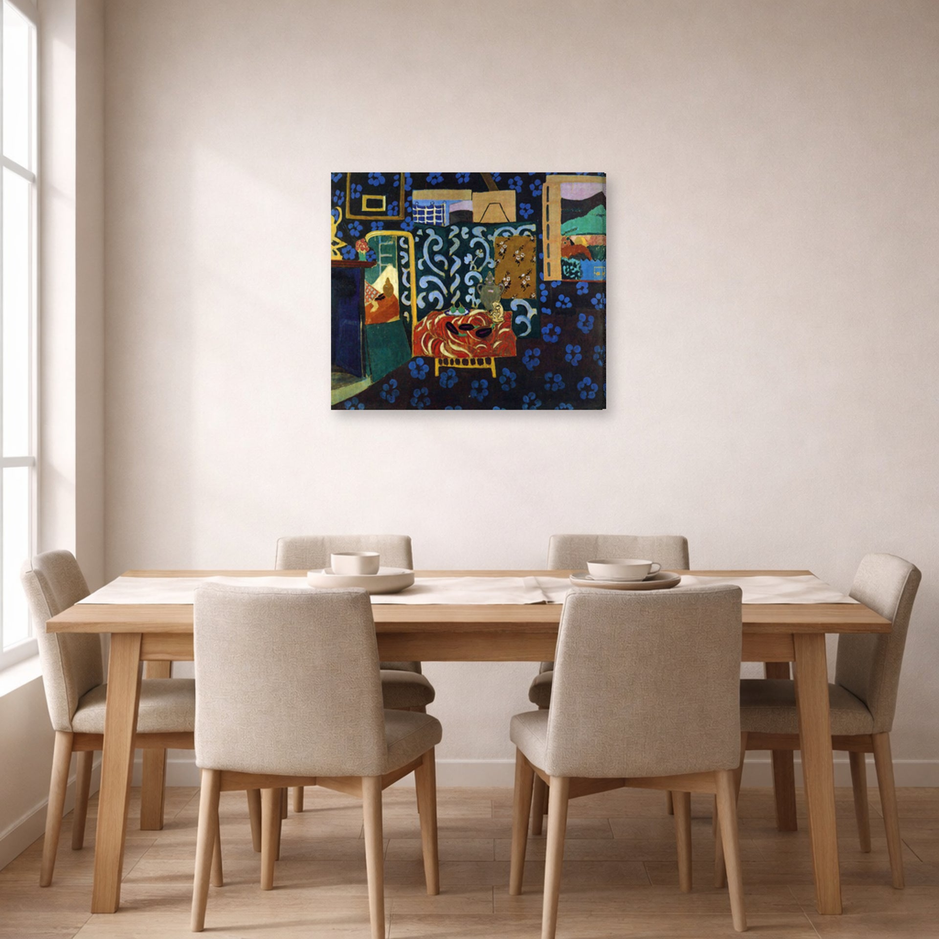 Gallery-wrapped canvas print of Henri Matisse's Still Life with Aubergines hanging on a dining room wall