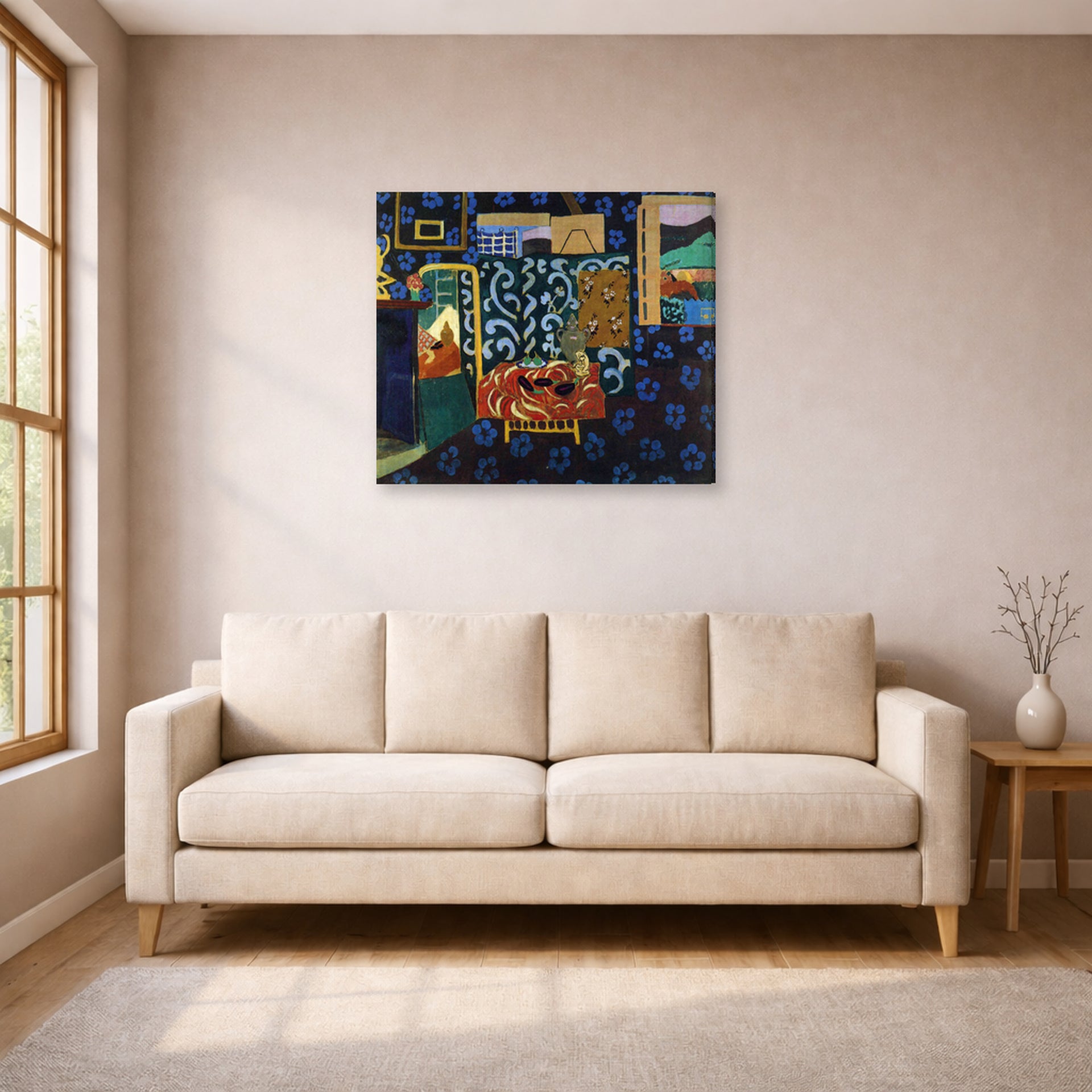 Gallery-wrapped canvas print of Henri Matisse's Still Life with Aubergines hanging in a living room, view 1