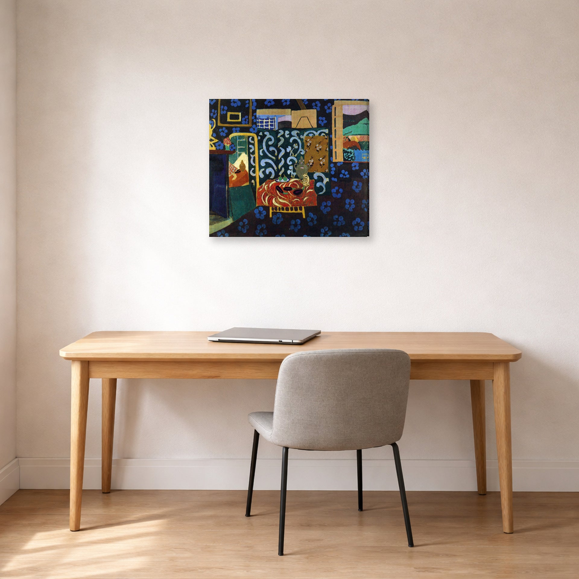 Gallery-wrapped canvas print of Henri Matisse's Still Life with Aubergines hanging in a home office