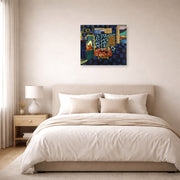 Unframed poster print of Henri Matisse's Still Life with Aubergines displayed above a bed in a bedroom