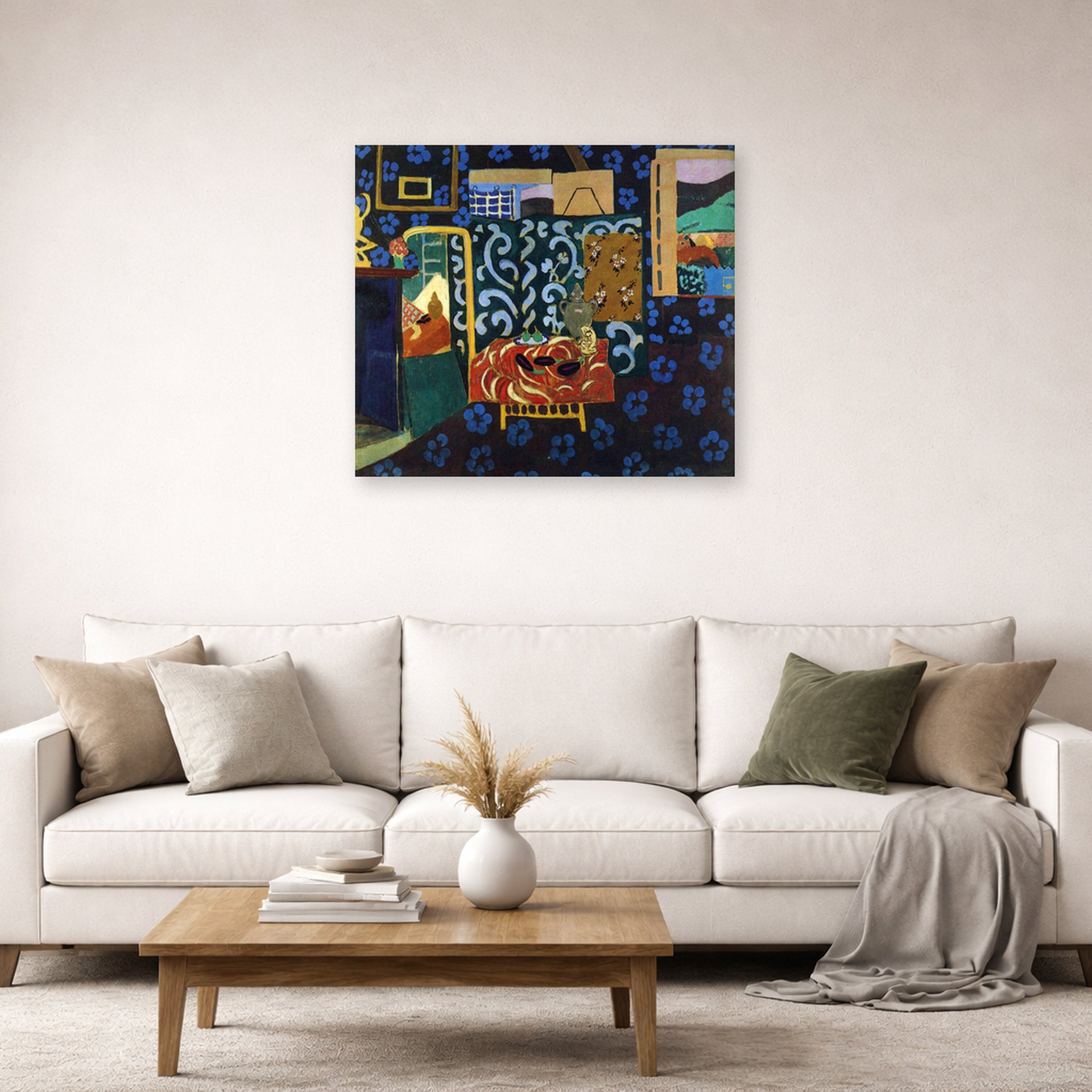Unframed poster print of Henri Matisse's Still Life with Aubergines displayed in a living room, view 2