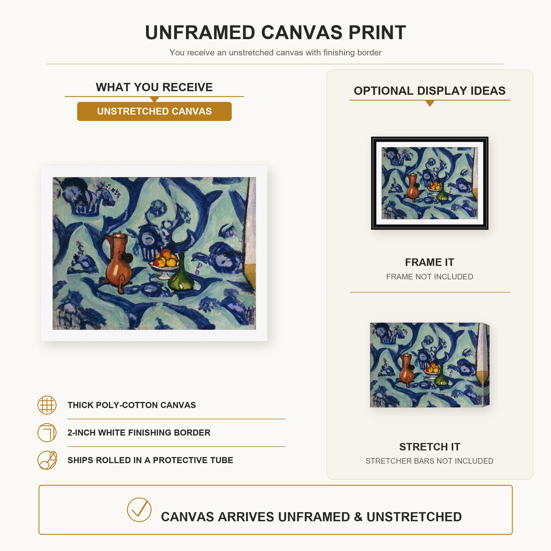 Henri Matisse - Still Life with Blue Tablecloth canvas print size comparison and framing display infographic