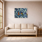 Gallery-wrapped canvas print of Henri Matisse's Still Life with Blue Tablecloth hanging in a living room, view 1