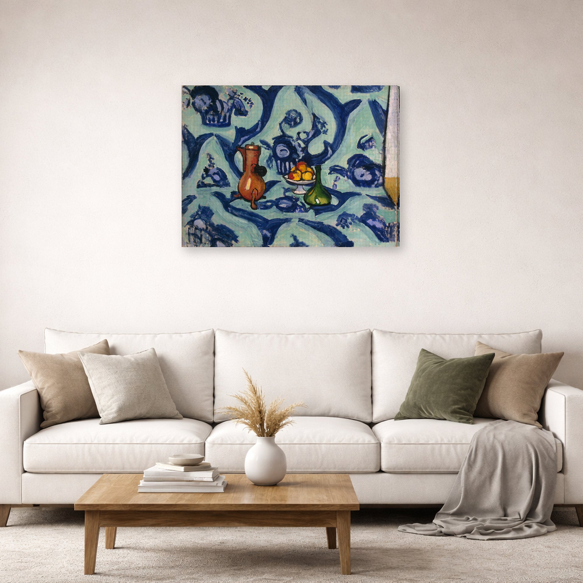 Gallery-wrapped canvas print of Henri Matisse's Still Life with Blue Tablecloth hanging in a living room, view 2