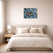 Unframed poster print of Henri Matisse's Still Life with Blue Tablecloth displayed above a bed in a bedroom