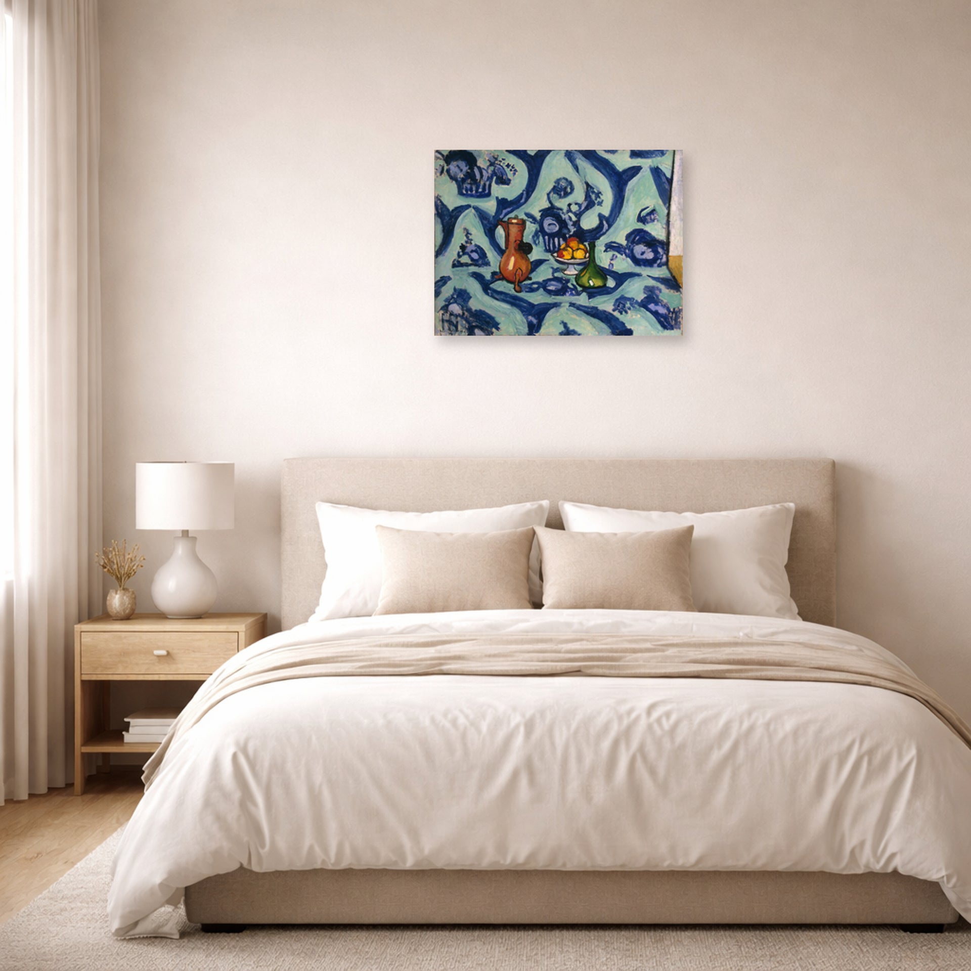 Unframed poster print of Henri Matisse's Still Life with Blue Tablecloth displayed above a bed in a bedroom