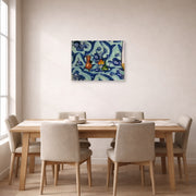 Unframed poster print of Henri Matisse's Still Life with Blue Tablecloth displayed on a dining room wall
