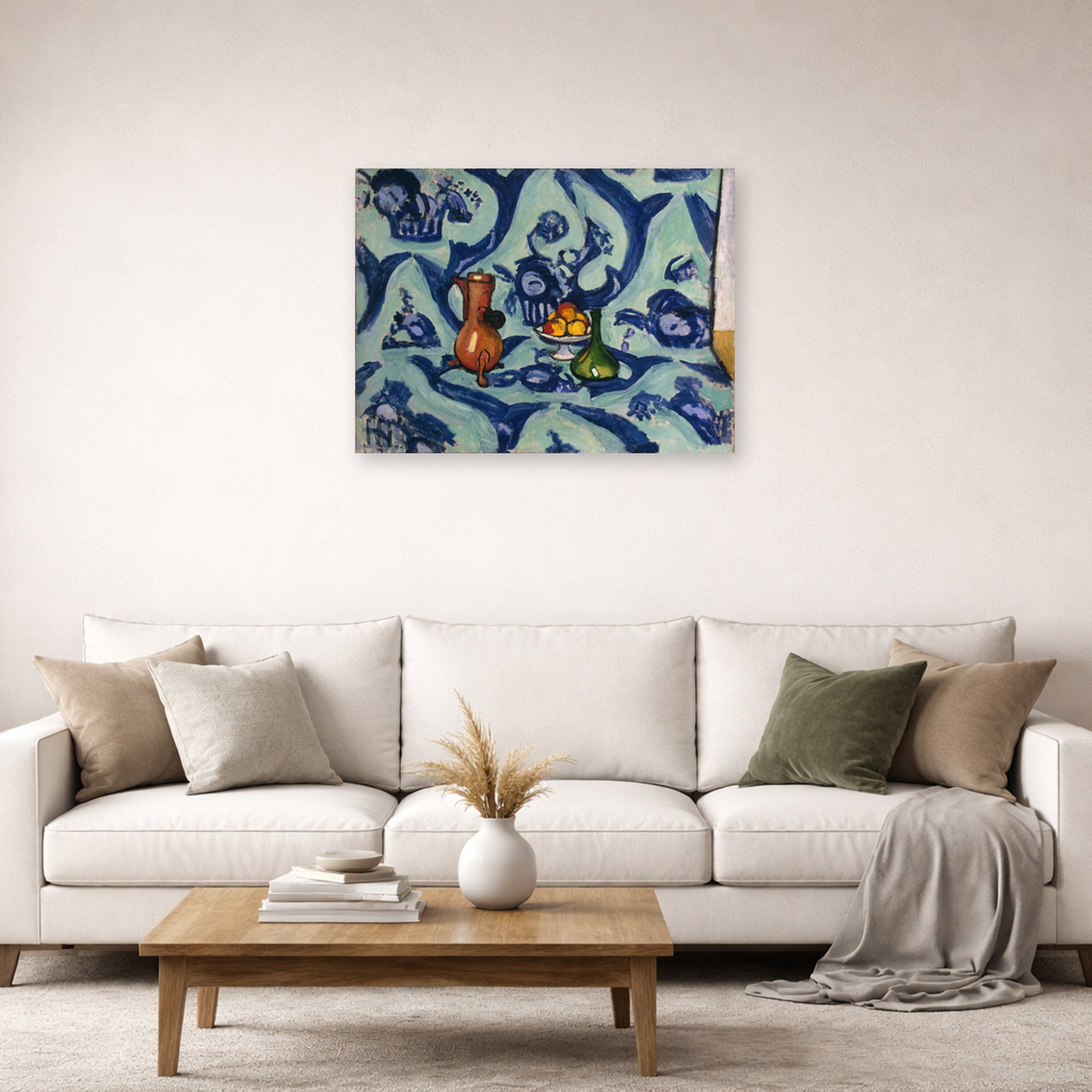 Unframed poster print of Henri Matisse's Still Life with Blue Tablecloth displayed in a living room, view 2