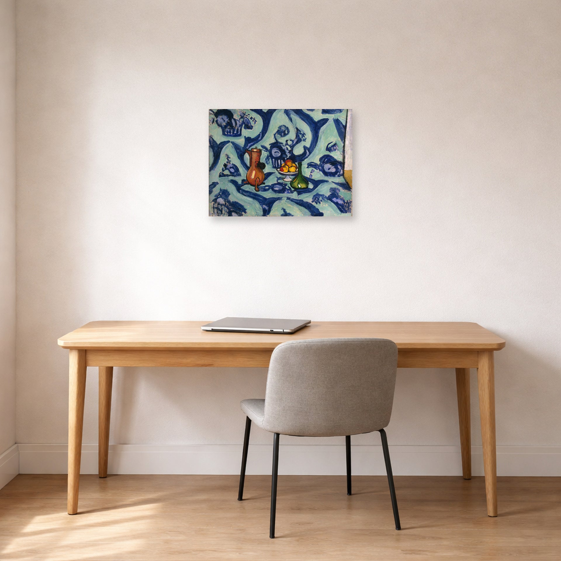Unframed poster print of Henri Matisse's Still Life with Blue Tablecloth displayed in a home office