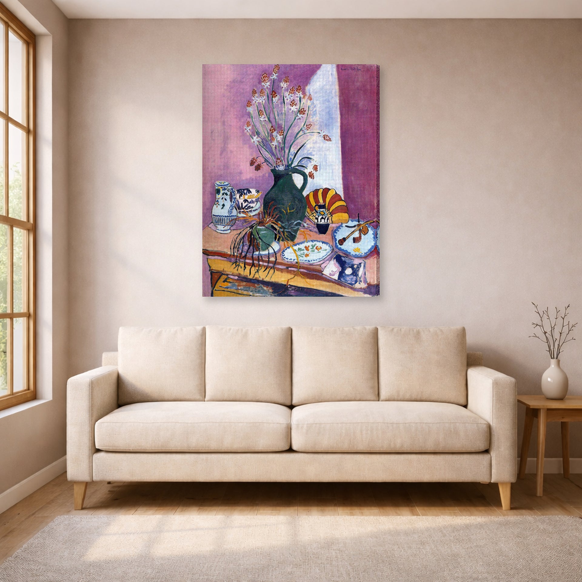 Gallery-wrapped canvas print of Henri Matisse's Still Life with Flowers hanging in a living room, view 1