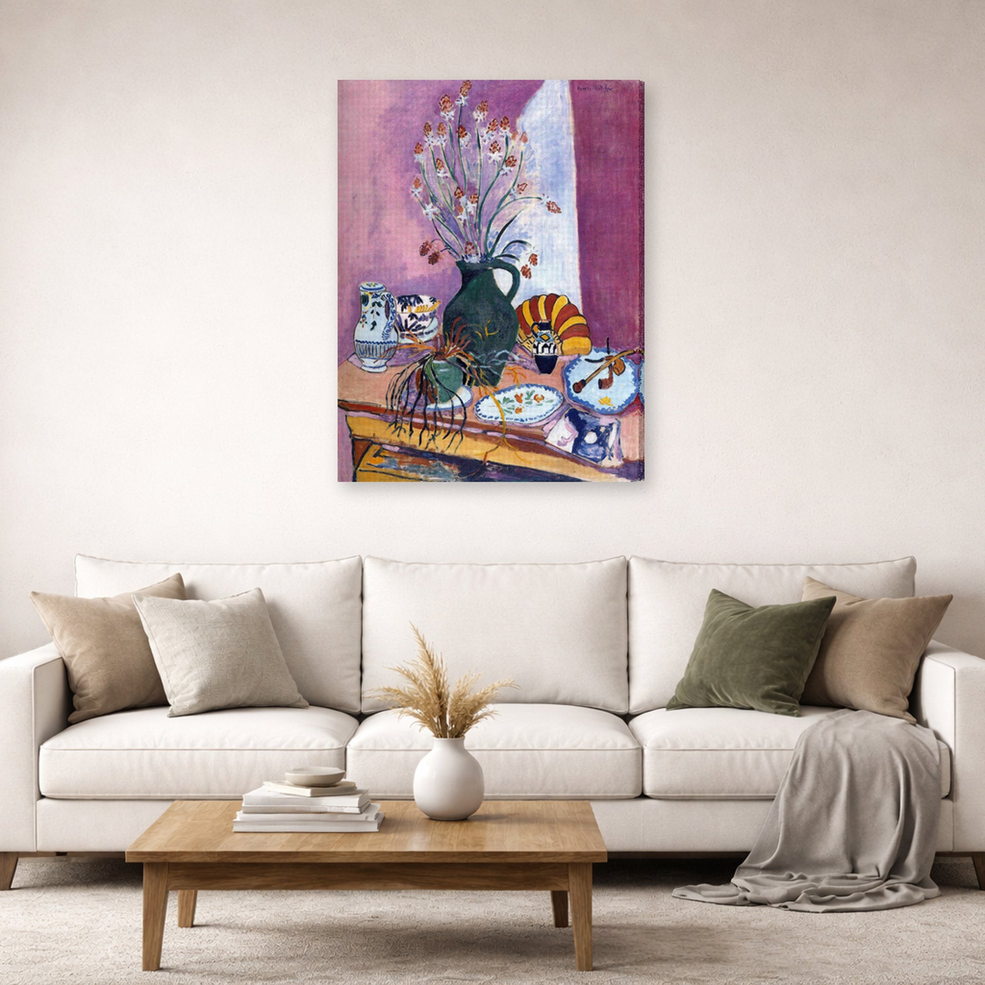 Gallery-wrapped canvas print of Henri Matisse's Still Life with Flowers hanging in a living room, view 2