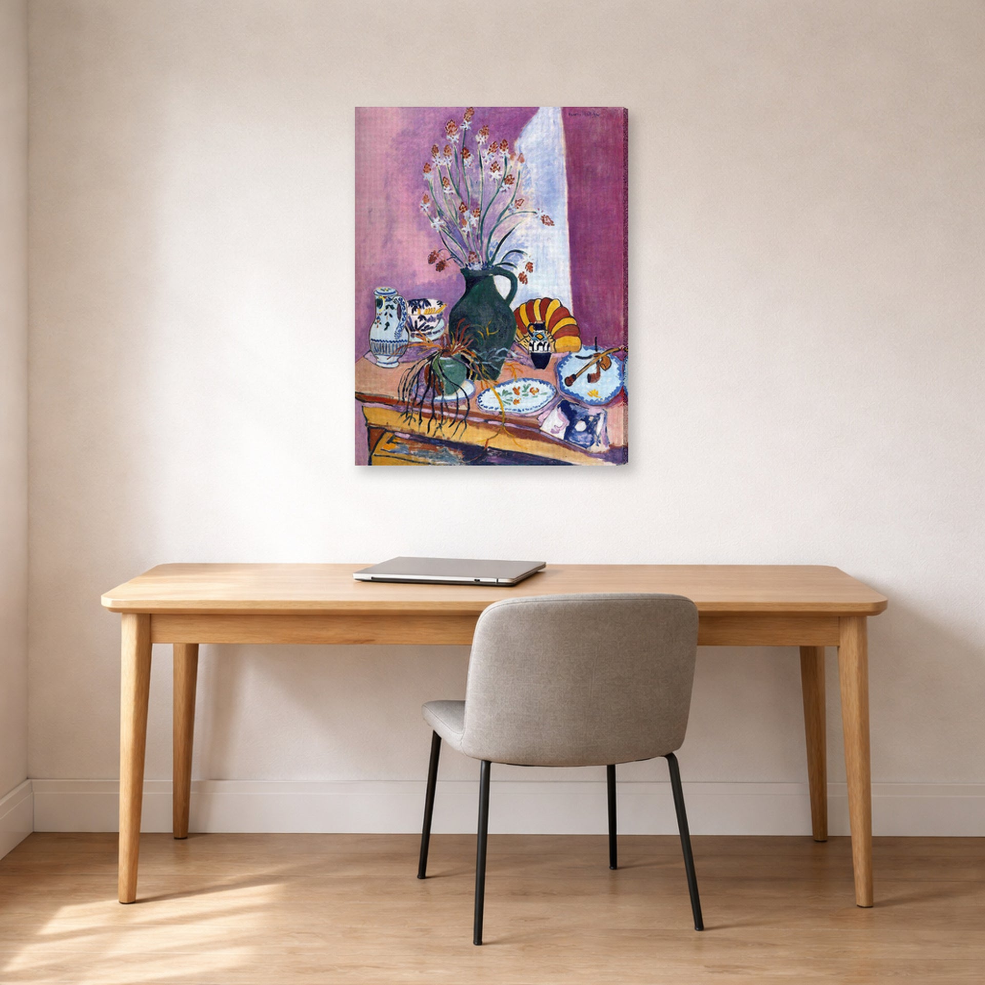 Gallery-wrapped canvas print of Henri Matisse's Still Life with Flowers hanging in a home office