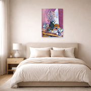 Unframed poster print of Henri Matisse's Still Life with Flowers displayed above a bed in a bedroom