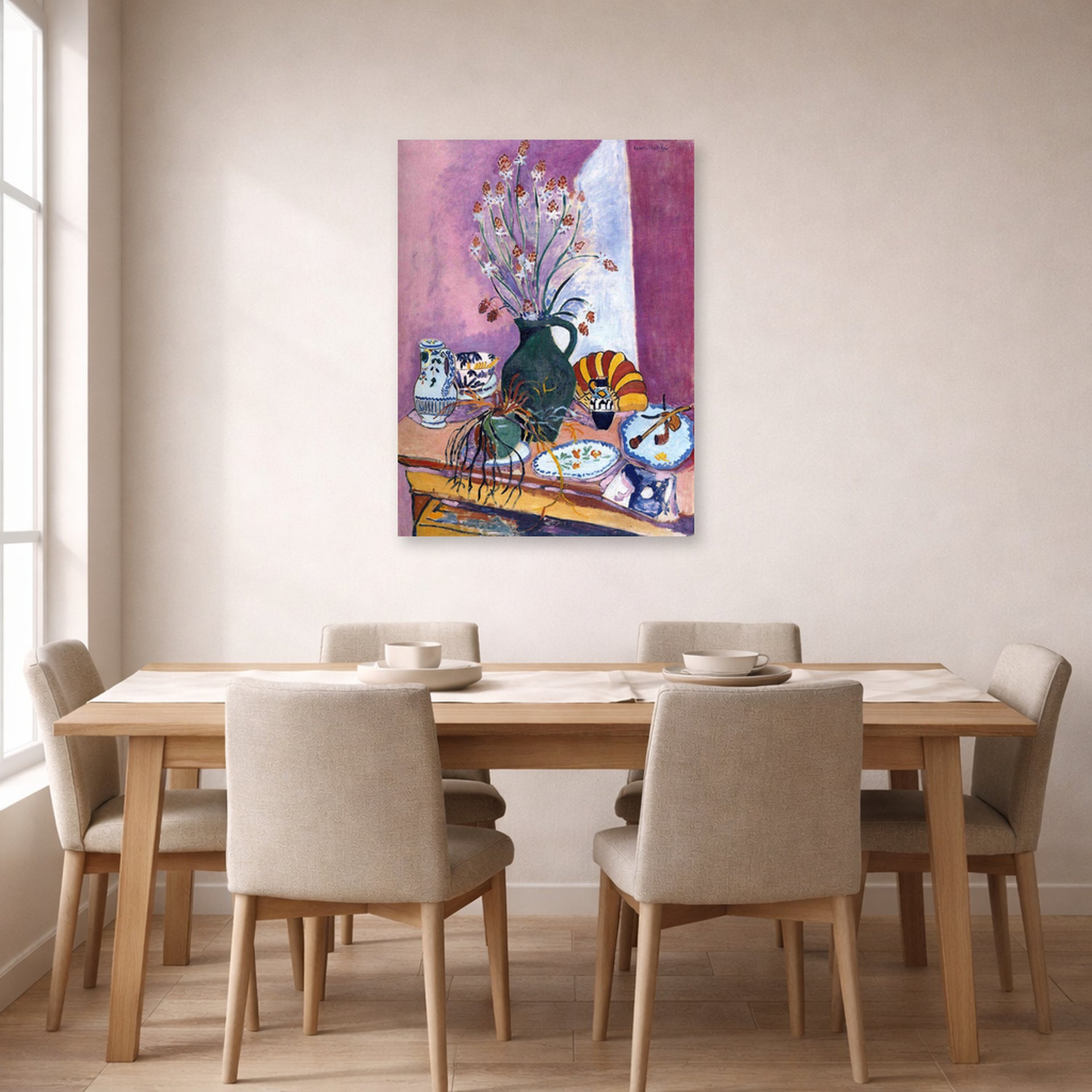 Unframed poster print of Henri Matisse's Still Life with Flowers displayed on a dining room wall
