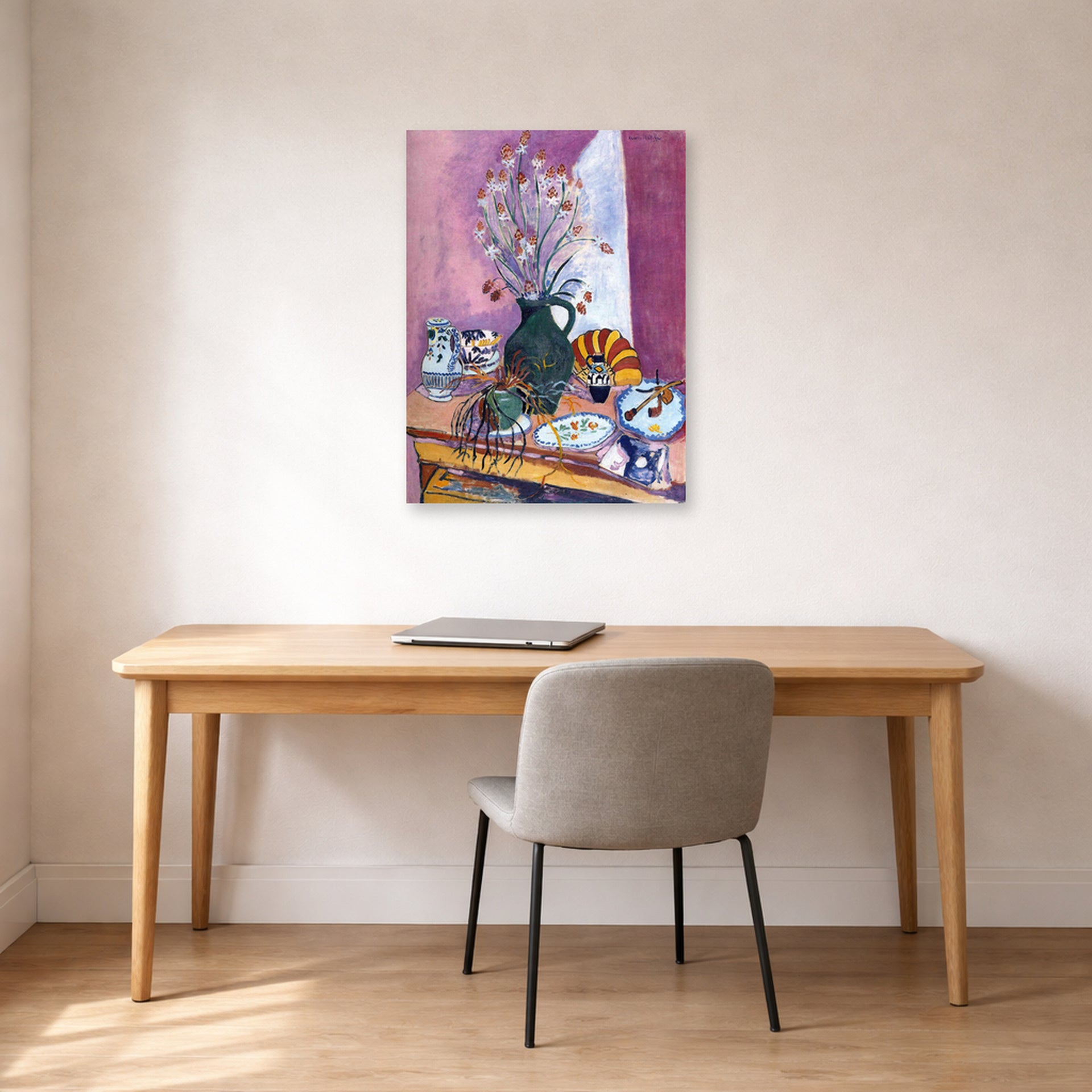 Unframed poster print of Henri Matisse's Still Life with Flowers displayed in a home office