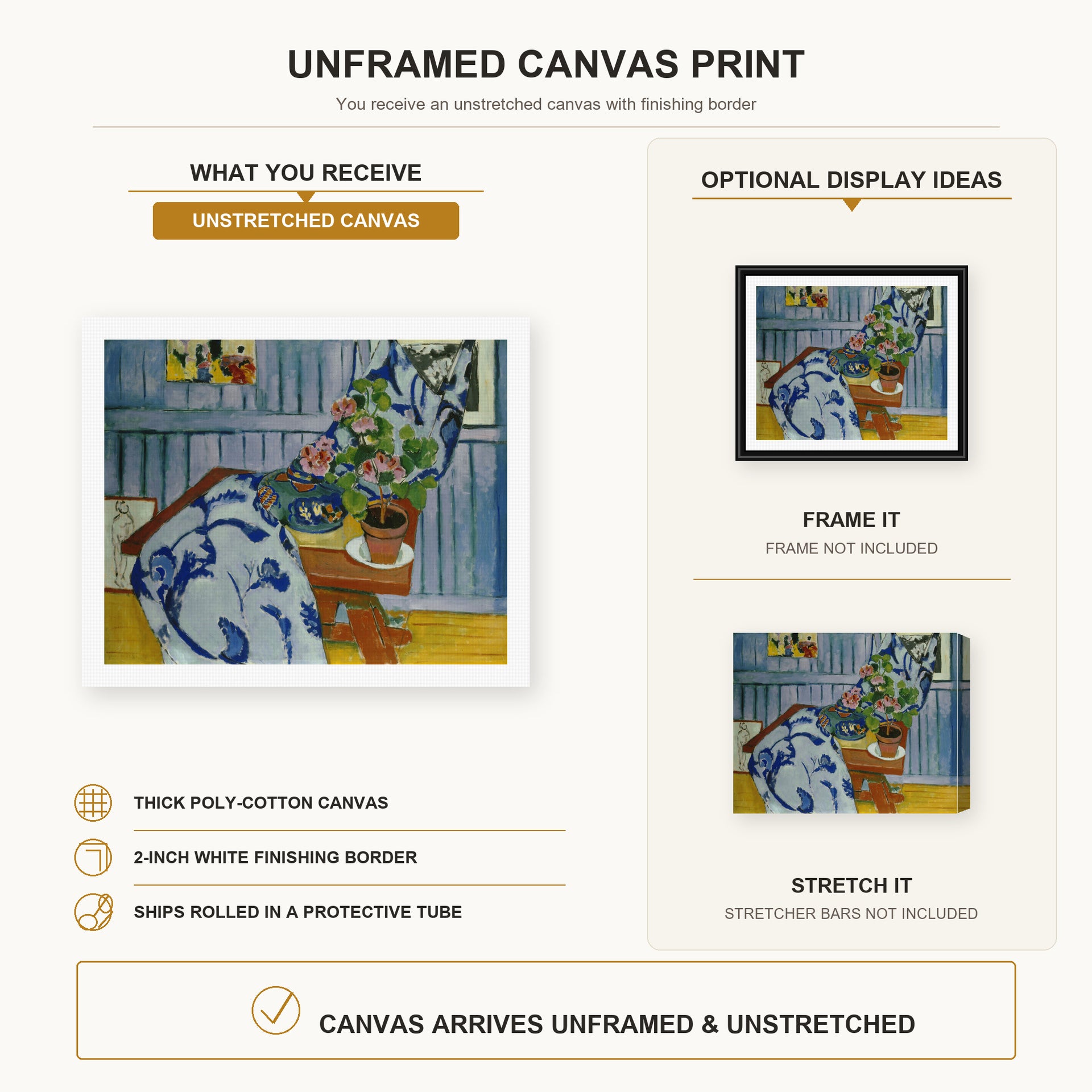 Henri Matisse - Still Life with Geraniums canvas print size comparison and framing display infographic