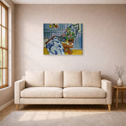 Gallery-wrapped canvas print of Henri Matisse's Still Life with Geraniums hanging in a living room, view 1