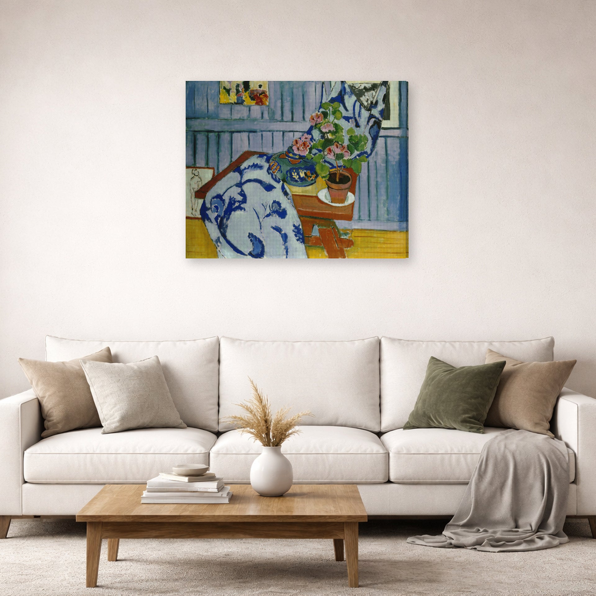 Gallery-wrapped canvas print of Henri Matisse's Still Life with Geraniums hanging in a living room, view 2