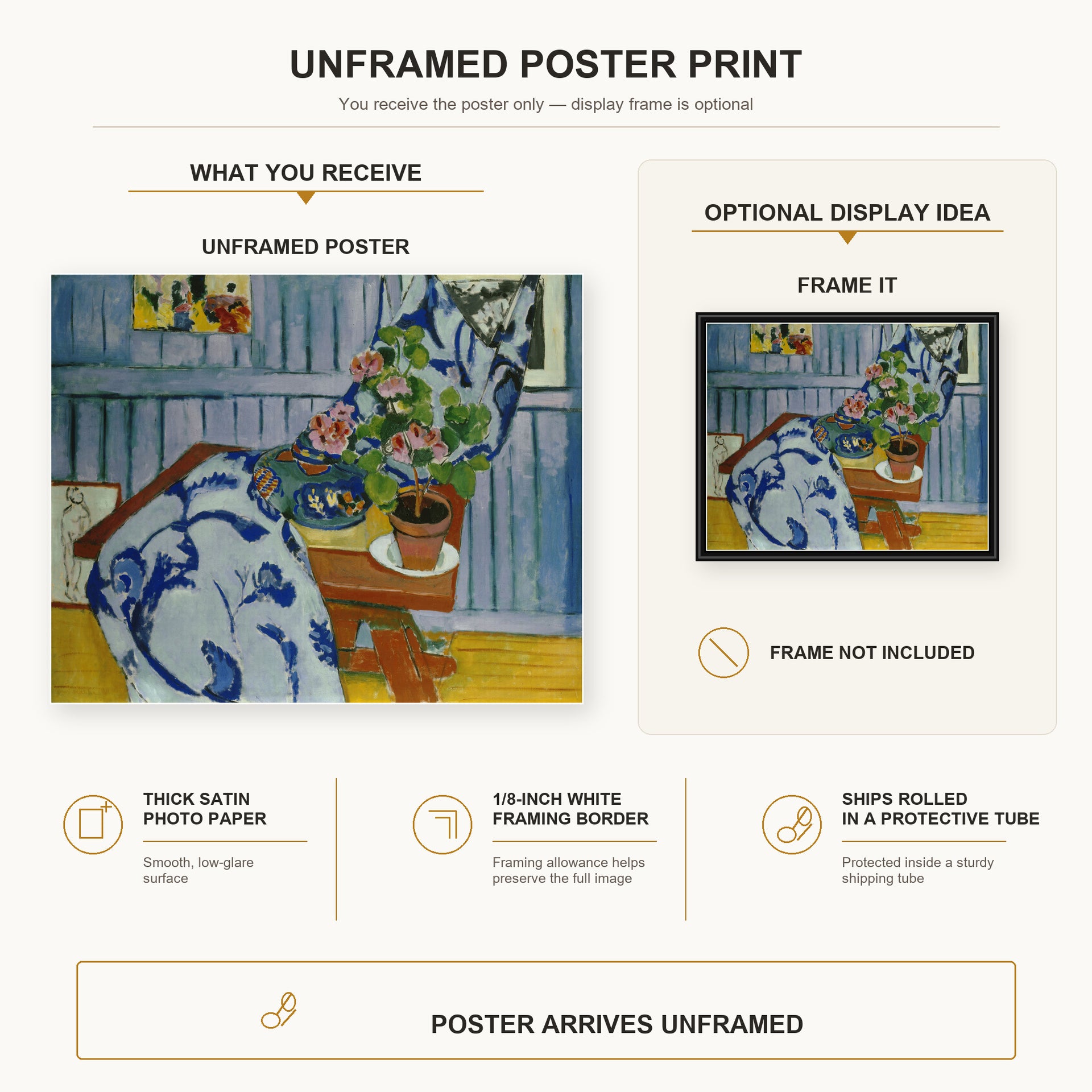 Henri Matisse - Still Life with Geraniums poster print size comparison display infographic