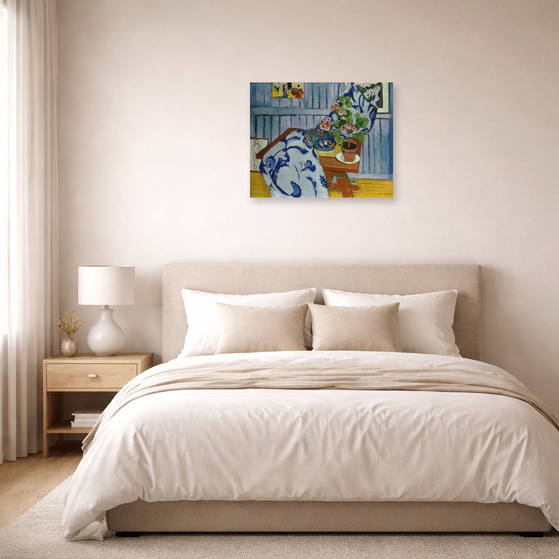 Unframed poster print of Henri Matisse's Still Life with Geraniums displayed above a bed in a bedroom
