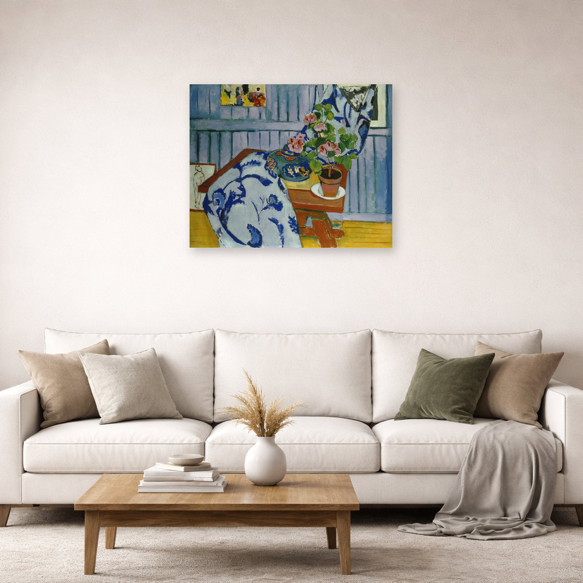 Unframed poster print of Henri Matisse's Still Life with Geraniums displayed in a living room, view 2