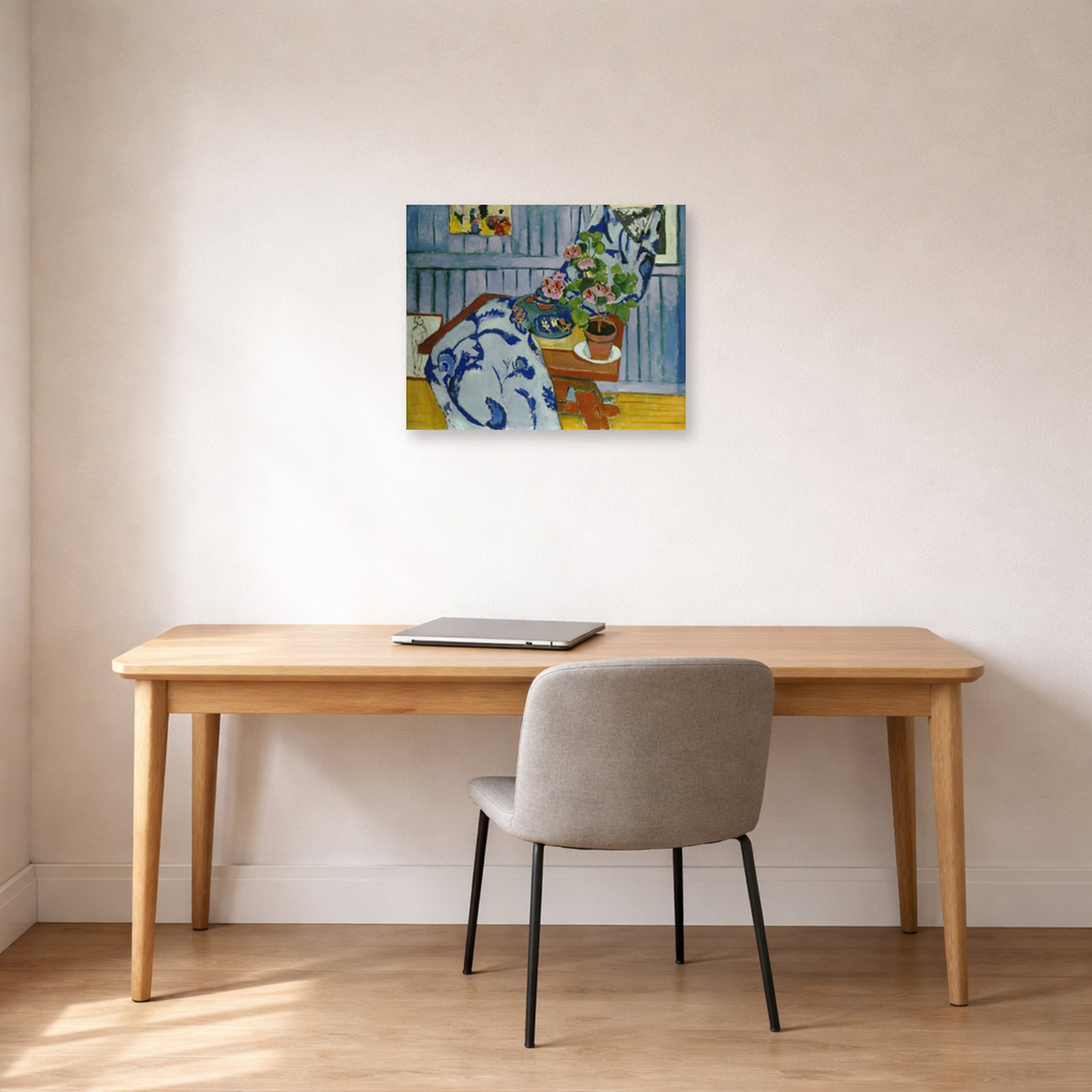 Unframed poster print of Henri Matisse's Still Life with Geraniums displayed in a home office
