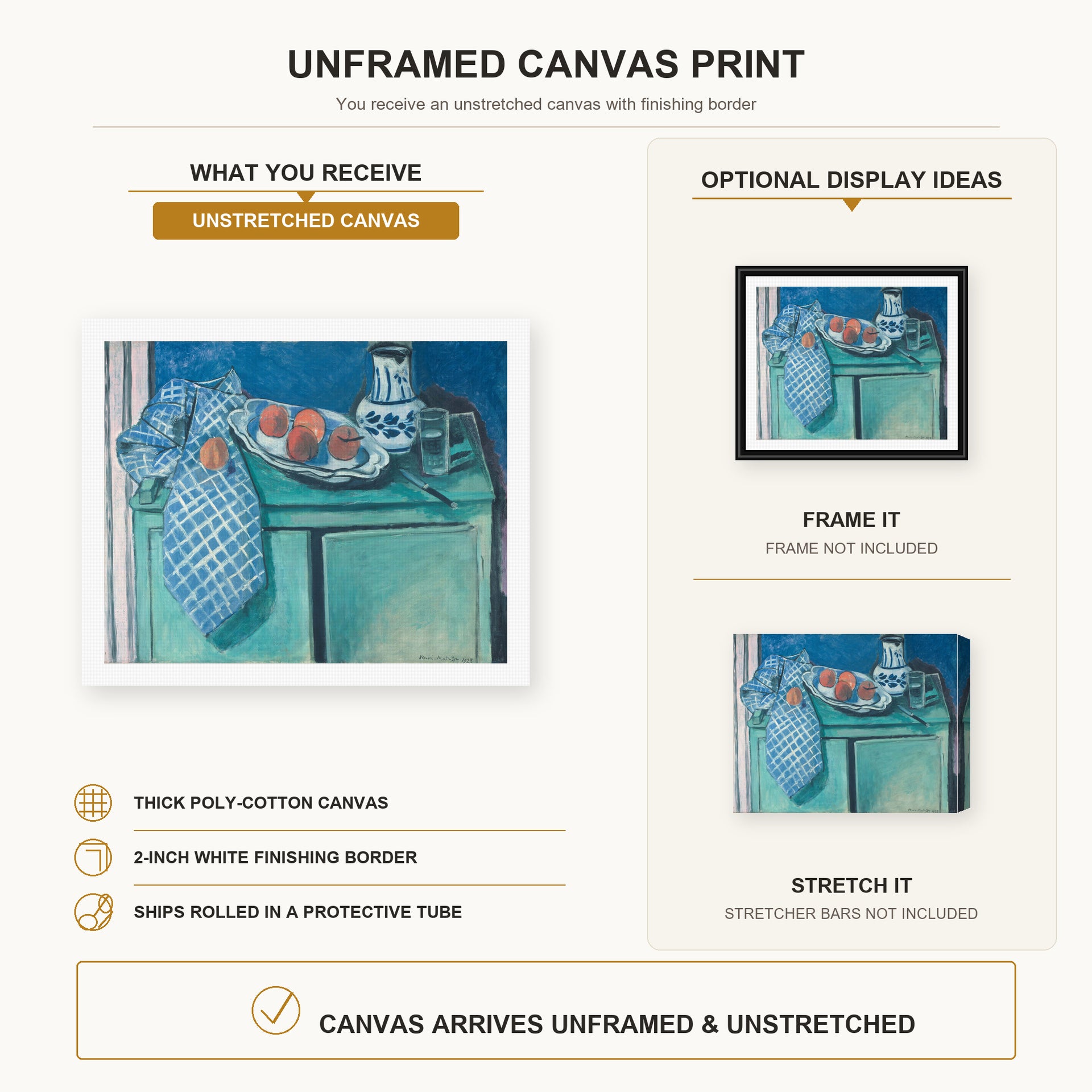 Henri Matisse - Still Life with Green Sideboard canvas print size comparison and framing display infographic