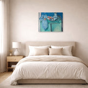 Gallery-wrapped canvas print of Henri Matisse's Still Life with Green Sideboard hanging above a bed in a bedroom