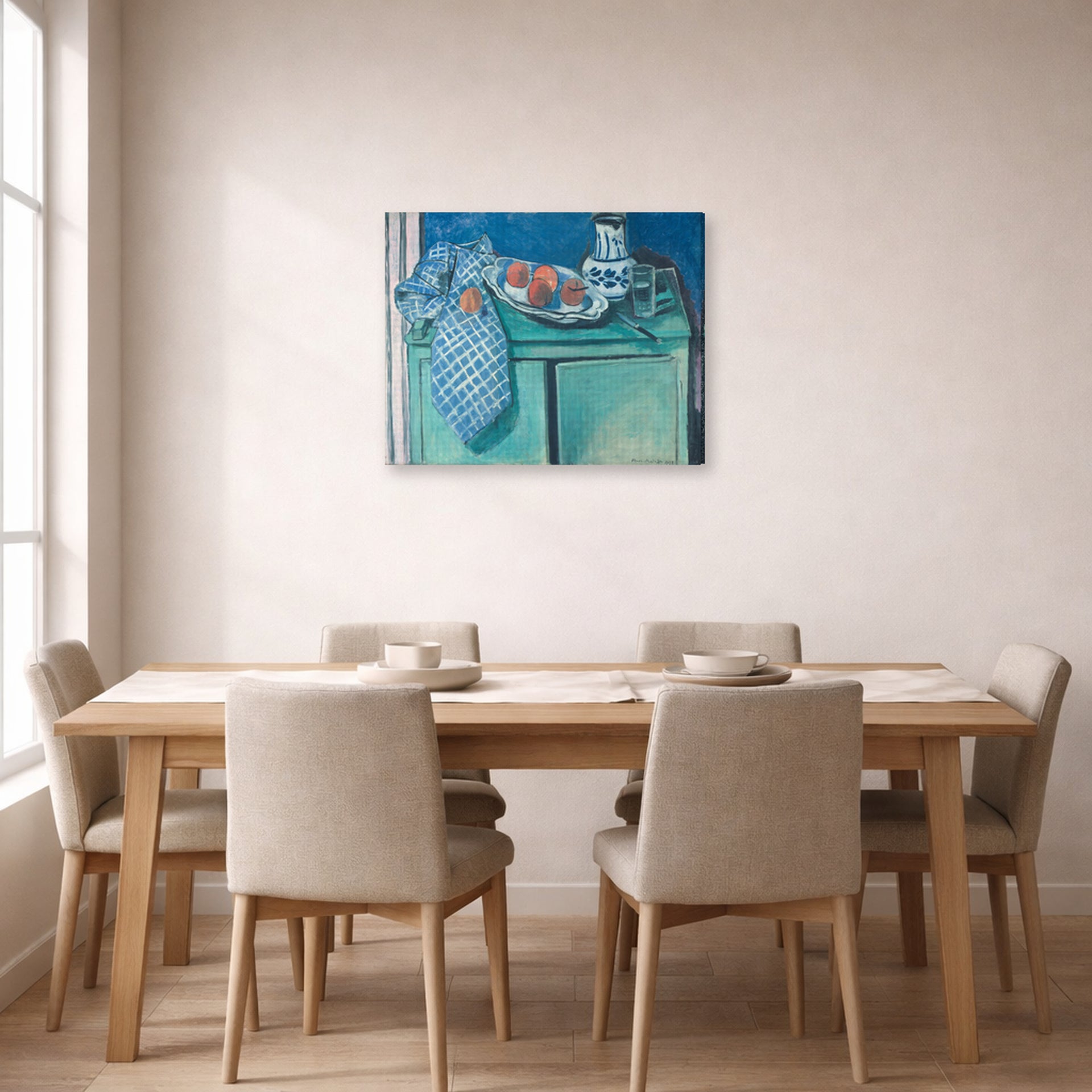 Gallery-wrapped canvas print of Henri Matisse's Still Life with Green Sideboard hanging on a dining room wall