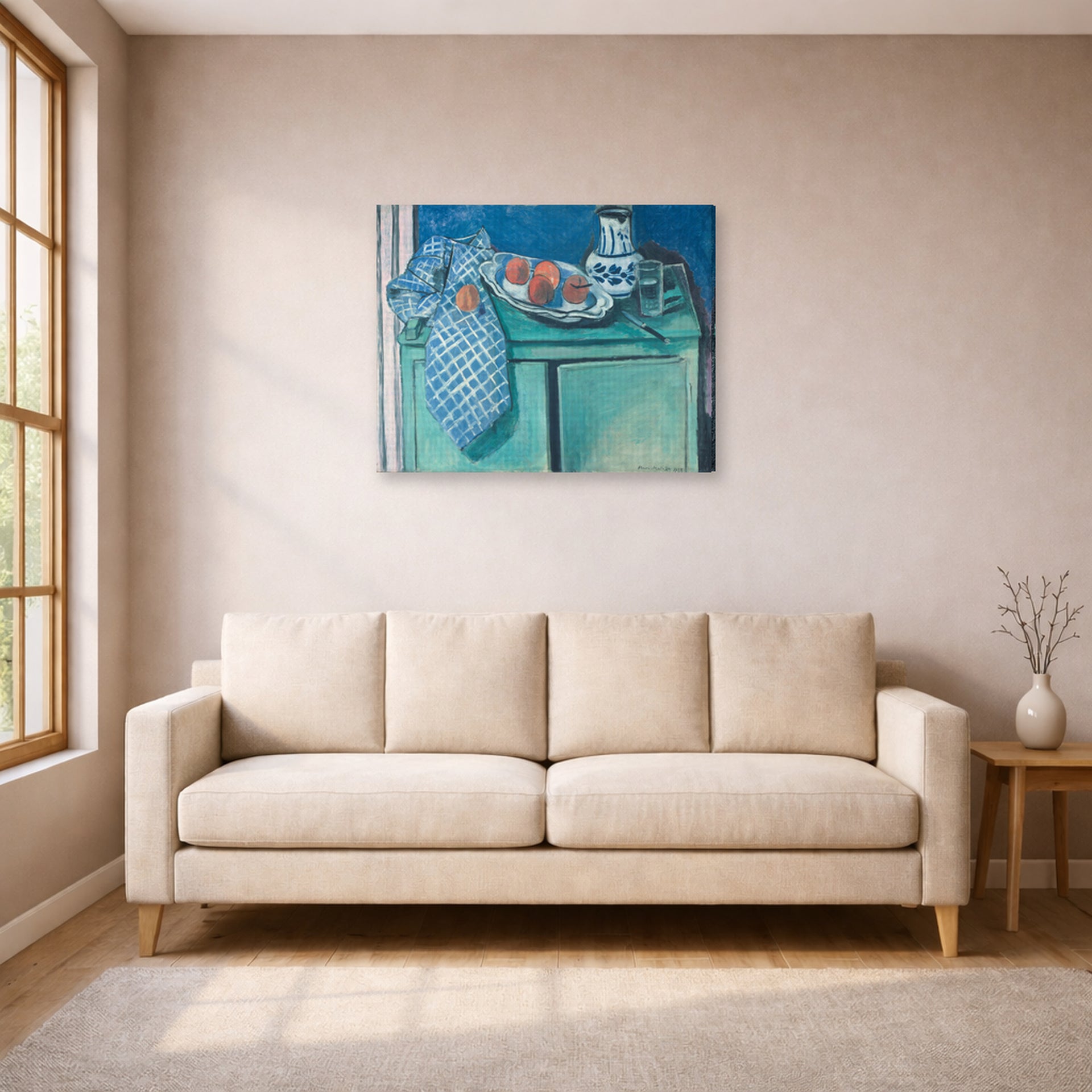 Gallery-wrapped canvas print of Henri Matisse's Still Life with Green Sideboard hanging in a living room, view 1
