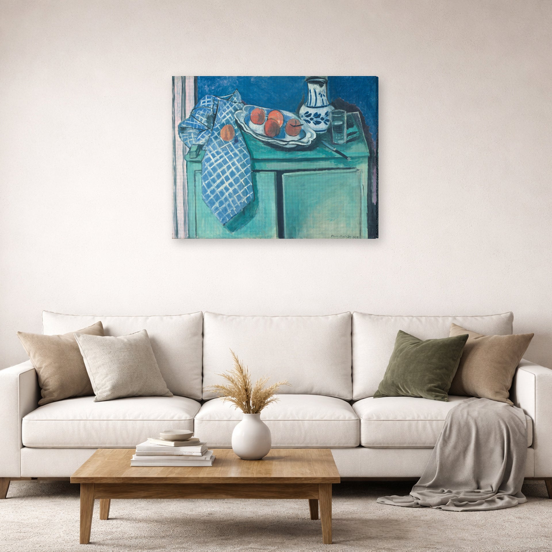 Gallery-wrapped canvas print of Henri Matisse's Still Life with Green Sideboard hanging in a living room, view 2