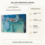 Henri Matisse - Still Life with Green Sideboard gallery wrap canvas construction and hanging details infographic