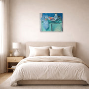 Unframed poster print of Henri Matisse's Still Life with Green Sideboard displayed above a bed in a bedroom