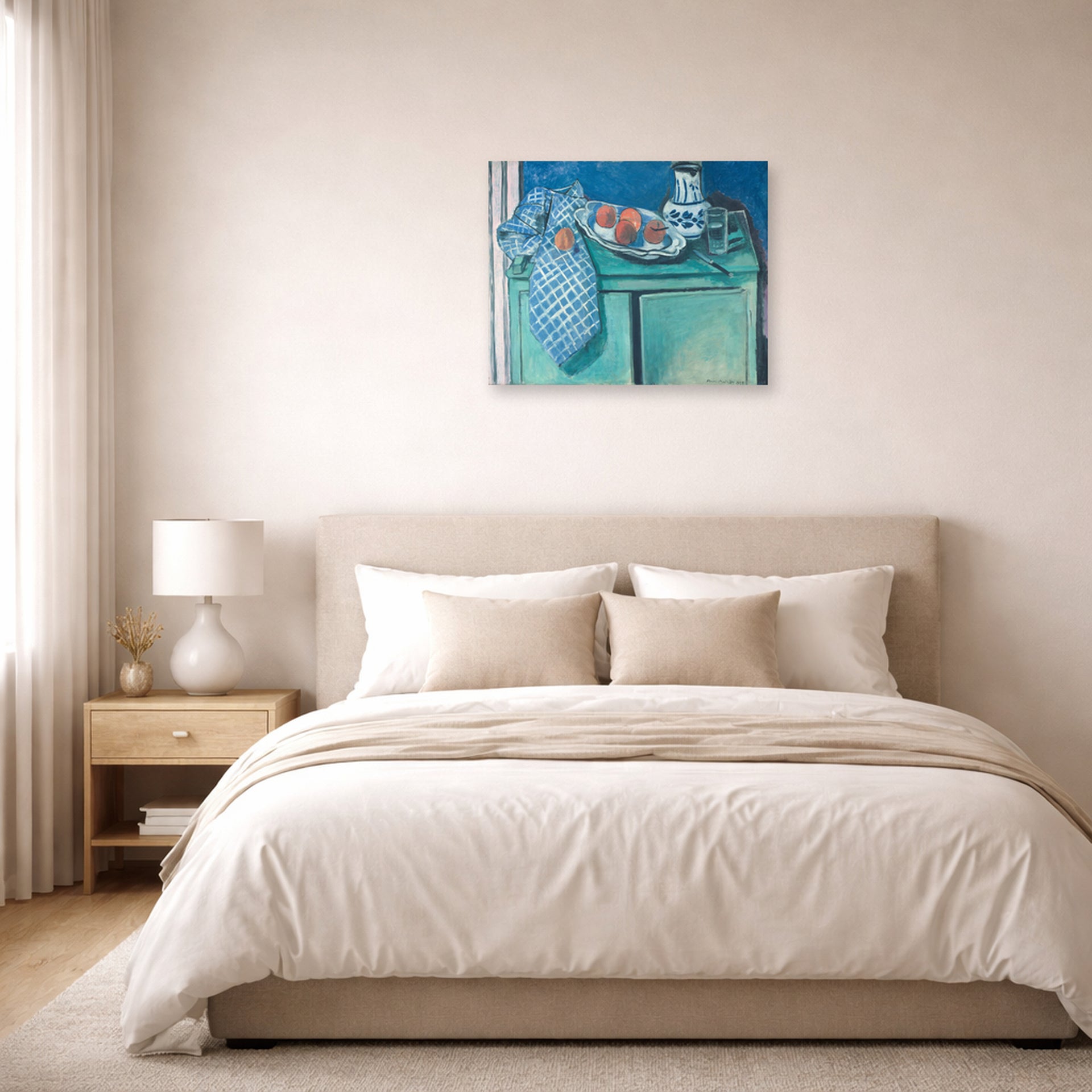 Unframed poster print of Henri Matisse's Still Life with Green Sideboard displayed above a bed in a bedroom