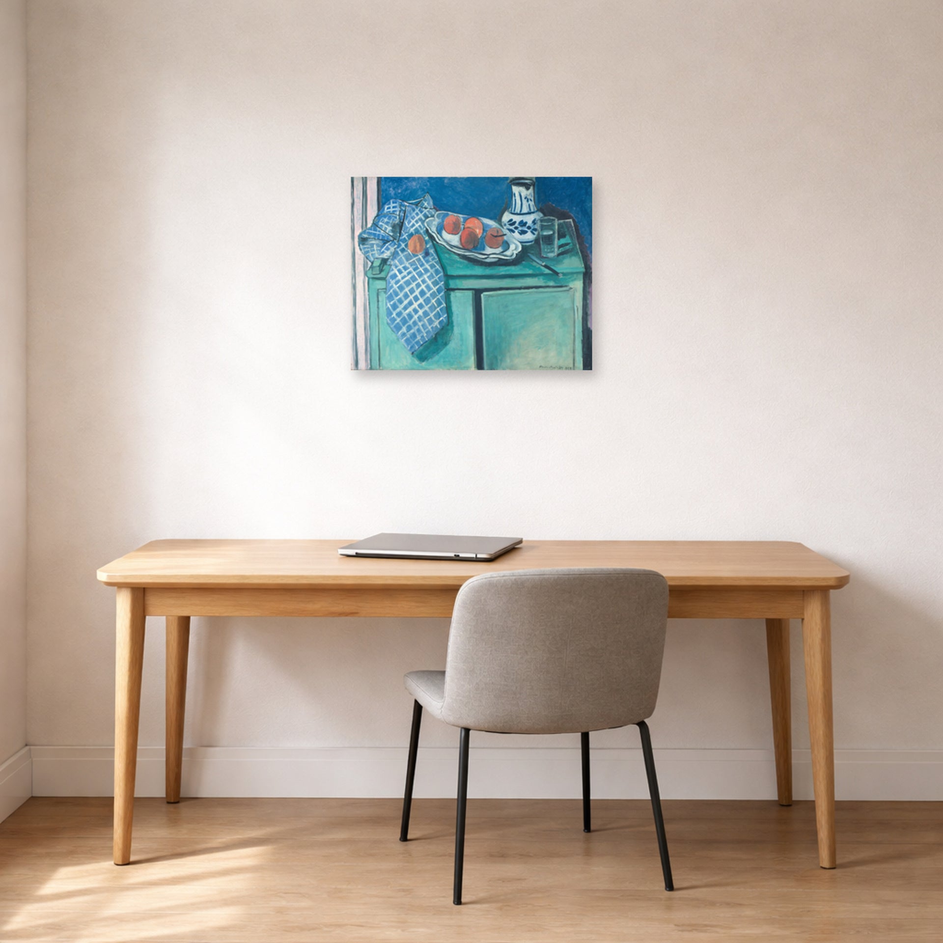 Unframed poster print of Henri Matisse's Still Life with Green Sideboard displayed in a home office