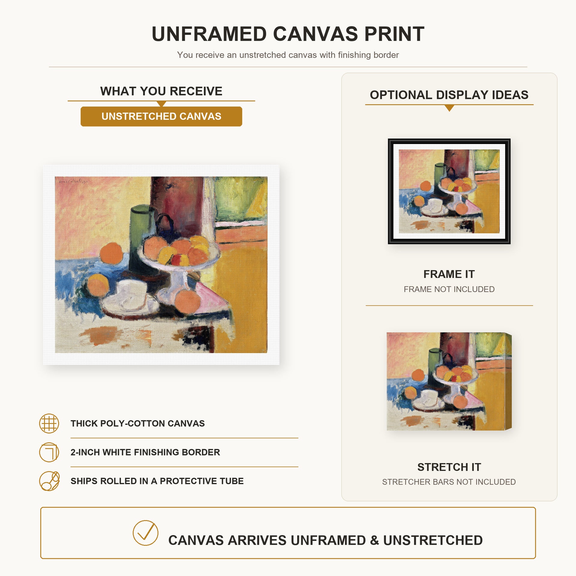 Henri Matisse - Still Life with Oranges canvas print size comparison and framing display infographic
