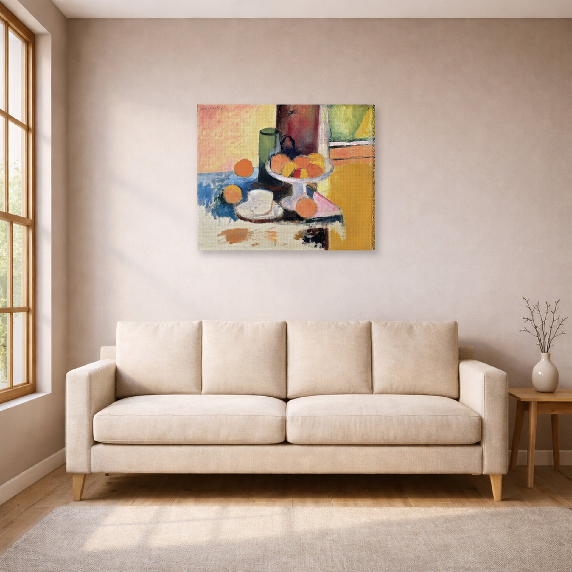 Gallery-wrapped canvas print of Henri Matisse's Still Life with Oranges hanging in a living room, view 1