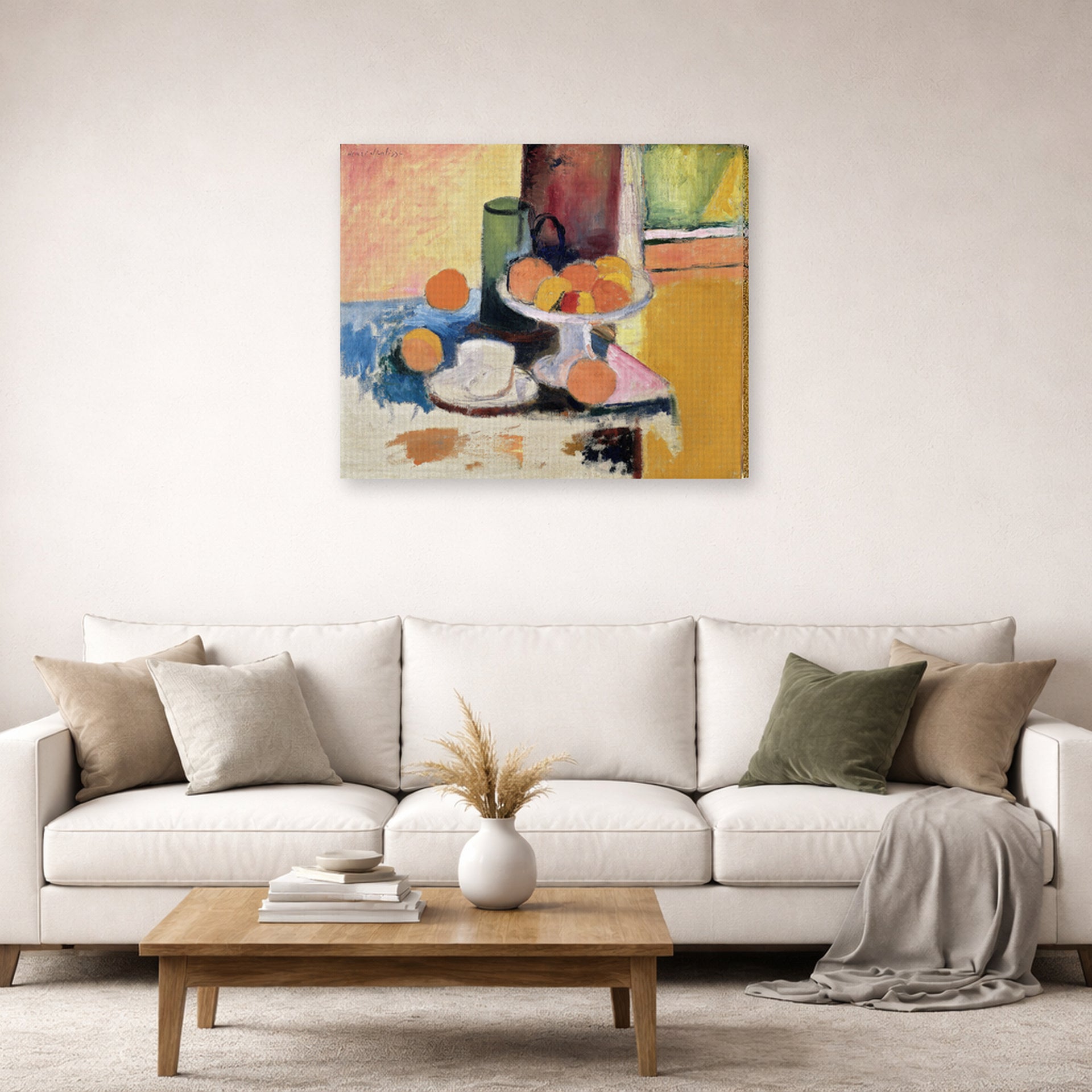 Gallery-wrapped canvas print of Henri Matisse's Still Life with Oranges hanging in a living room, view 2