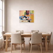 Unframed poster print of Henri Matisse's Still Life with Oranges displayed on a dining room wall