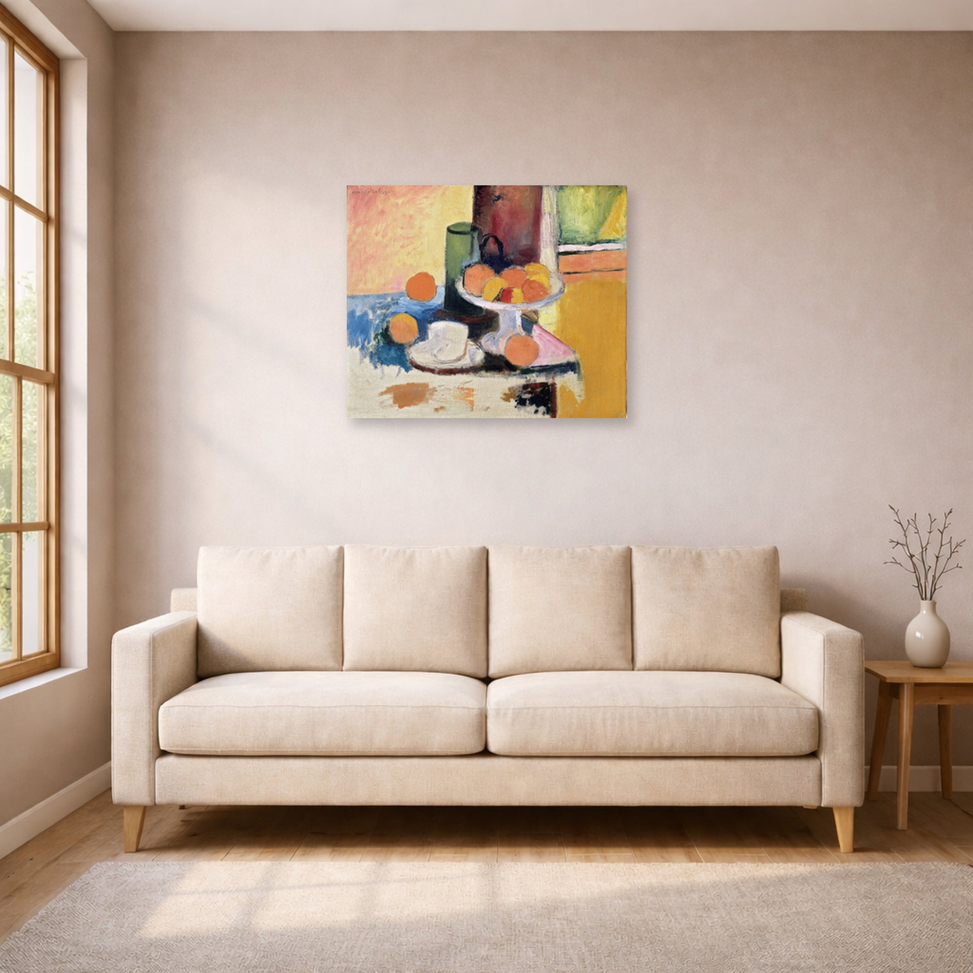 Unframed poster print of Henri Matisse's Still Life with Oranges displayed in a living room, view 1