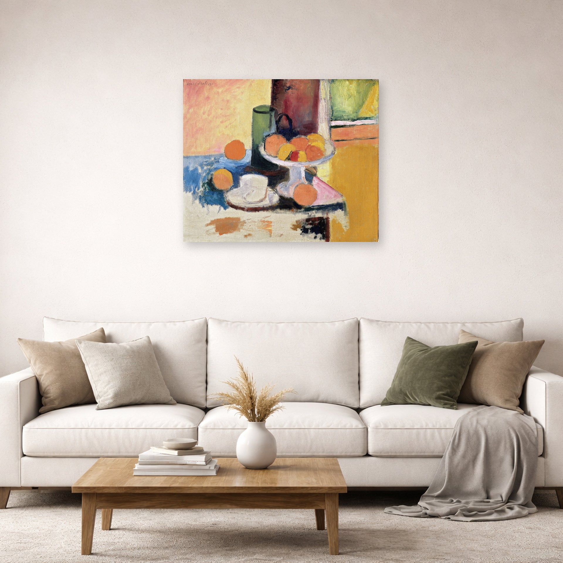 Unframed poster print of Henri Matisse's Still Life with Oranges displayed in a living room, view 2