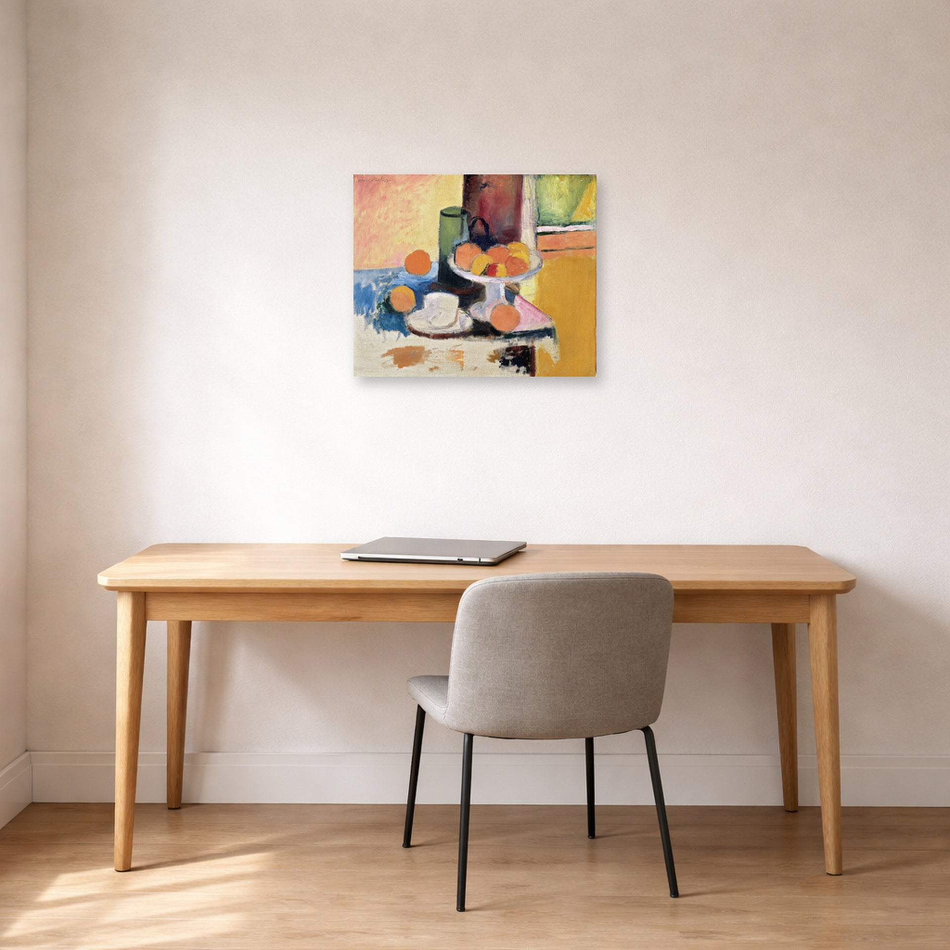 Unframed poster print of Henri Matisse's Still Life with Oranges displayed in a home office