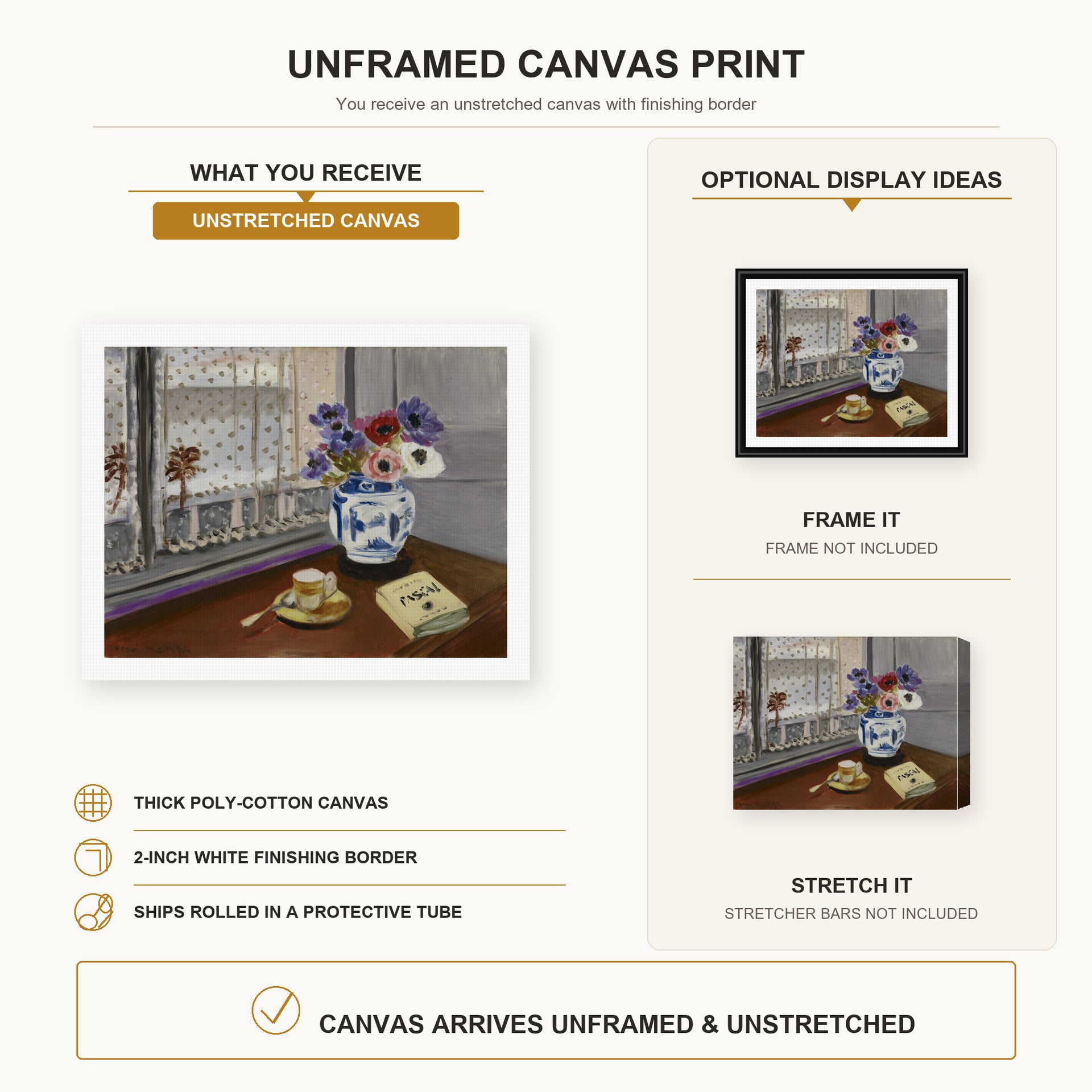 Henri Matisse - Still Life with Pascal's Pensees canvas print size comparison and framing display infographic