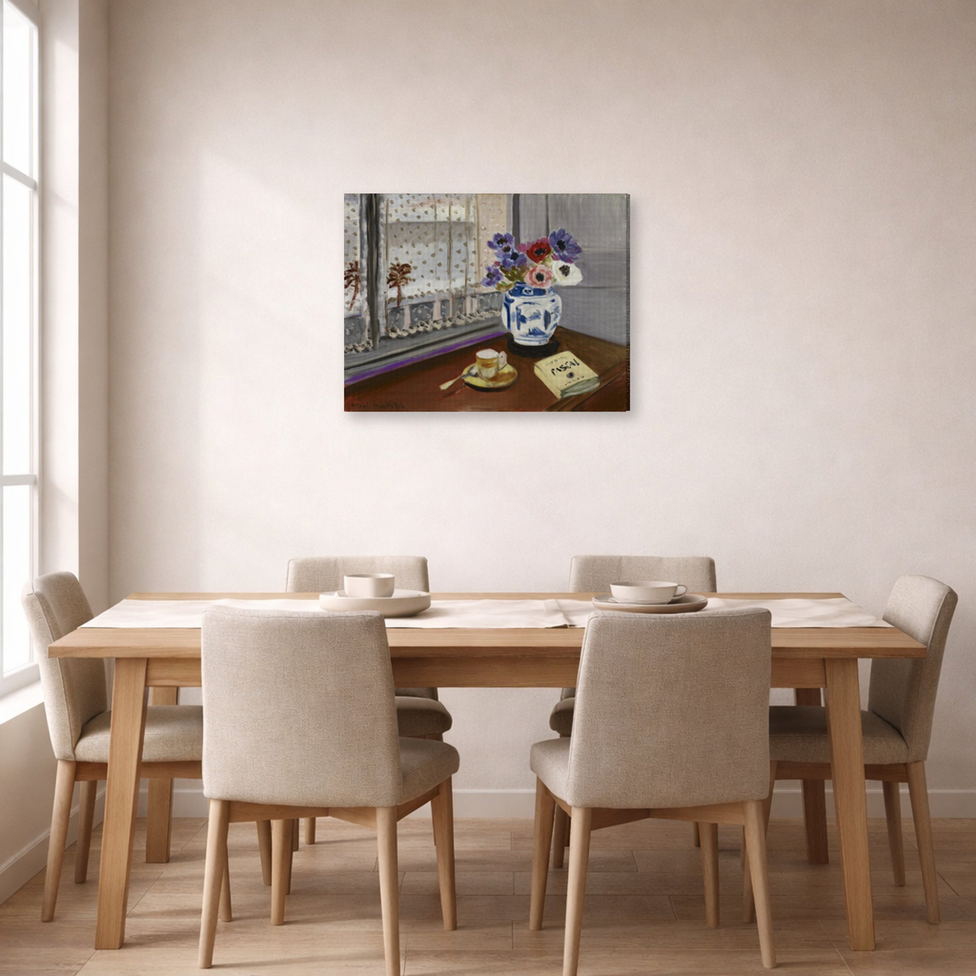 Gallery-wrapped canvas print of Henri Matisse's Still Life with Pascal's Pensees hanging on a dining room wall
