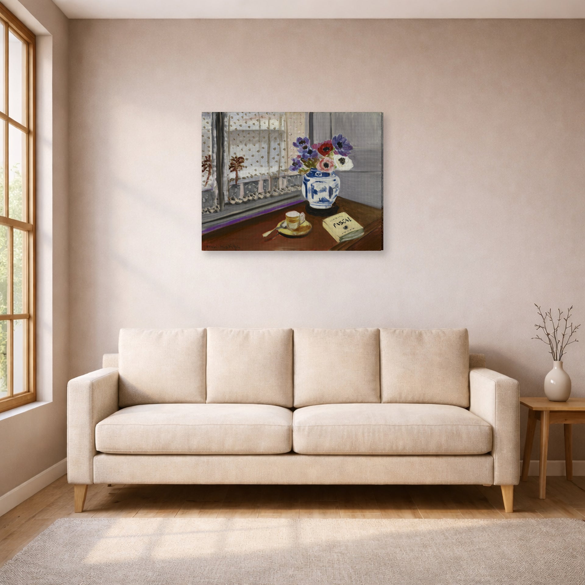 Gallery-wrapped canvas print of Henri Matisse's Still Life with Pascal's Pensees hanging in a living room, view 1