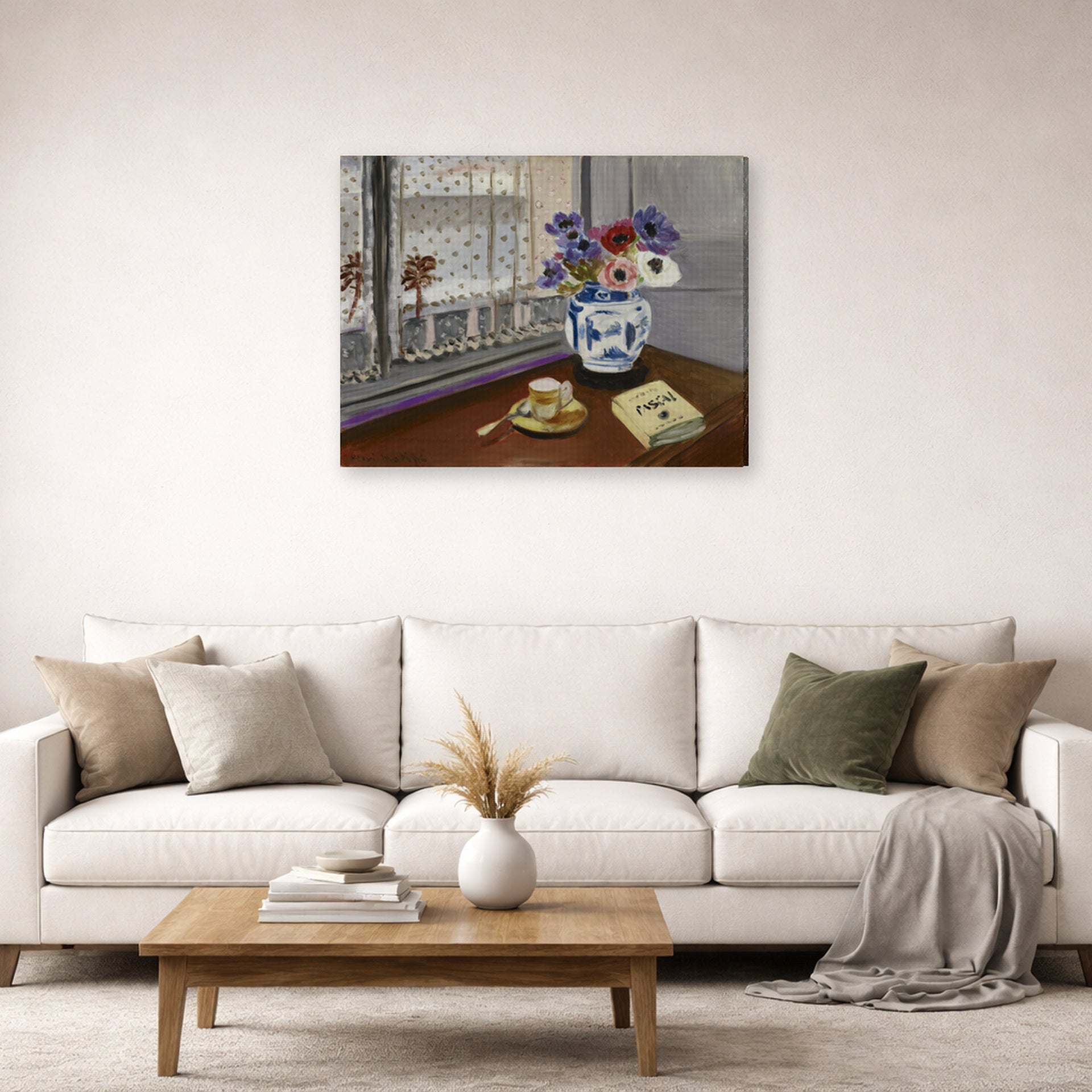 Gallery-wrapped canvas print of Henri Matisse's Still Life with Pascal's Pensees hanging in a living room, view 2