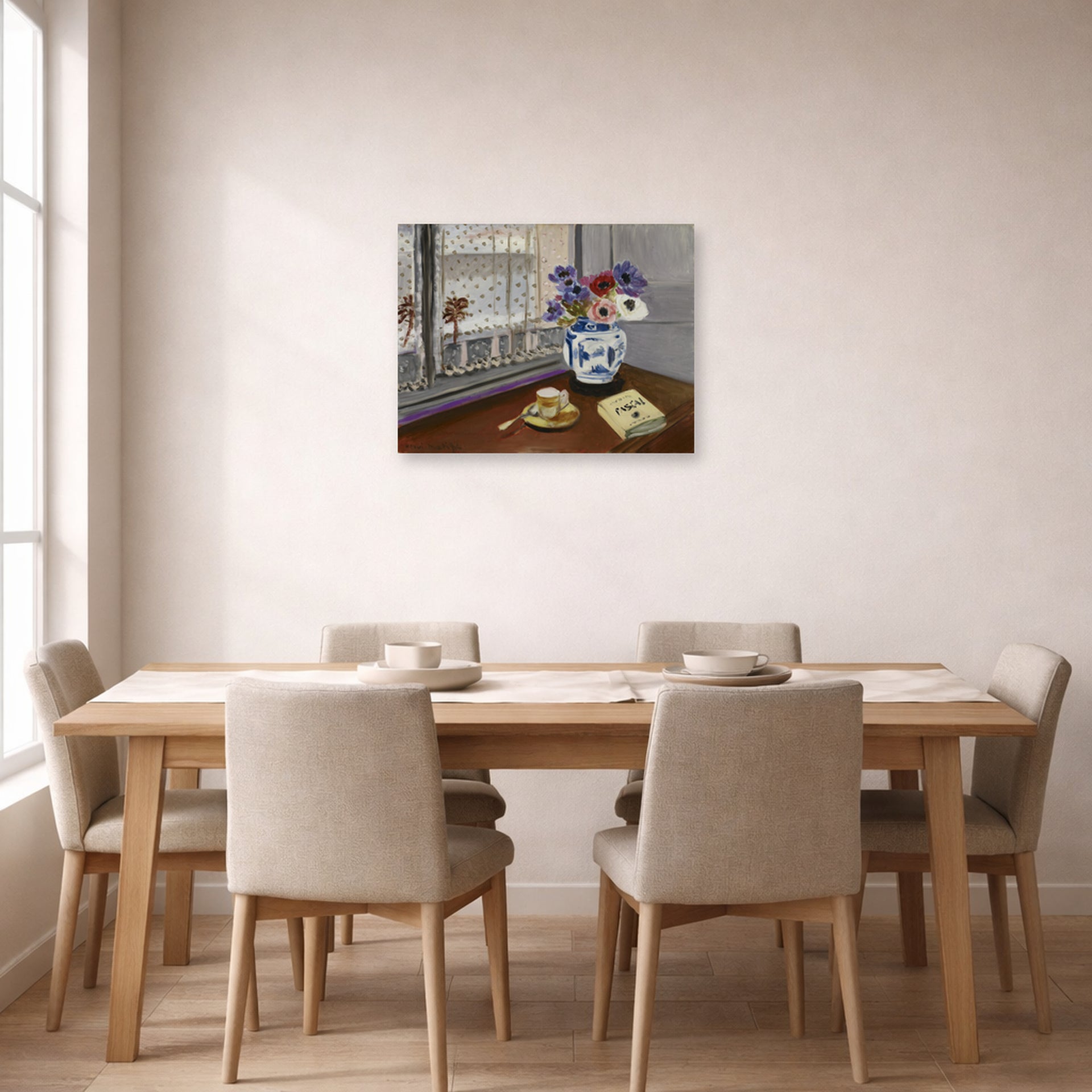 Unframed poster print of Henri Matisse's Still Life with Pascal's Pensees displayed on a dining room wall
