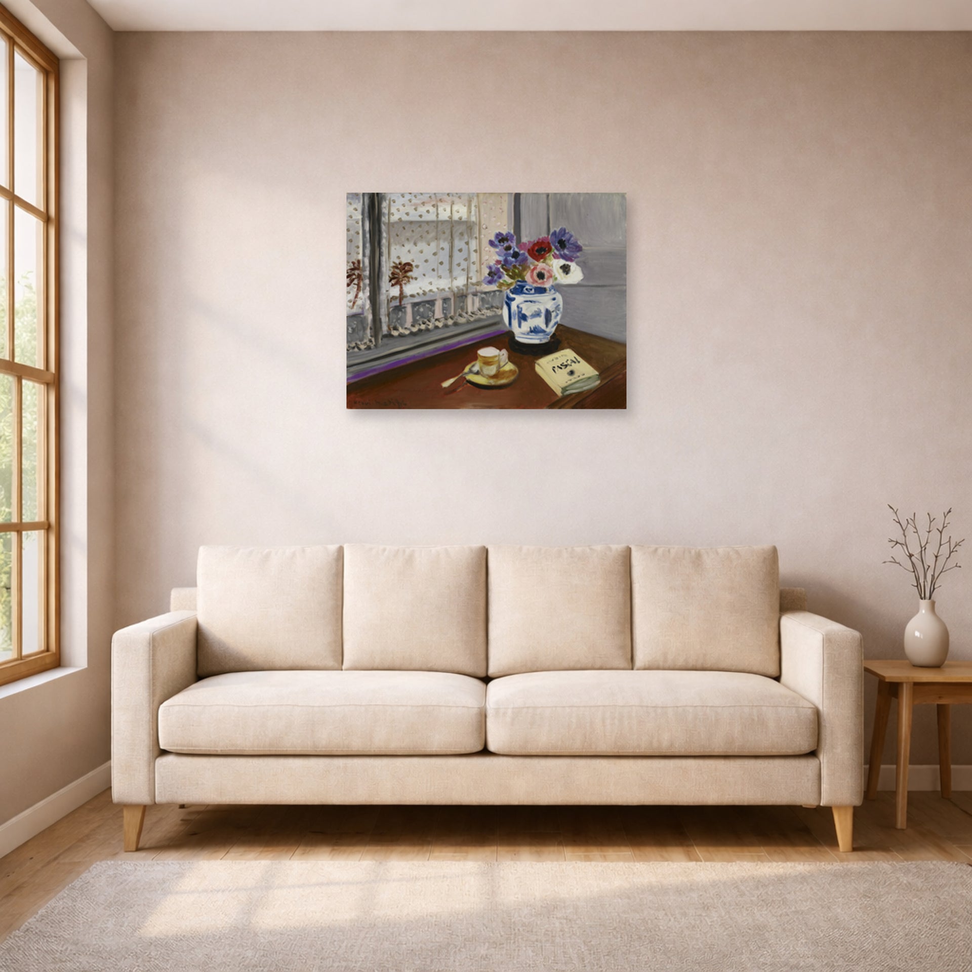 Unframed poster print of Henri Matisse's Still Life with Pascal's Pensees displayed in a living room, view 1