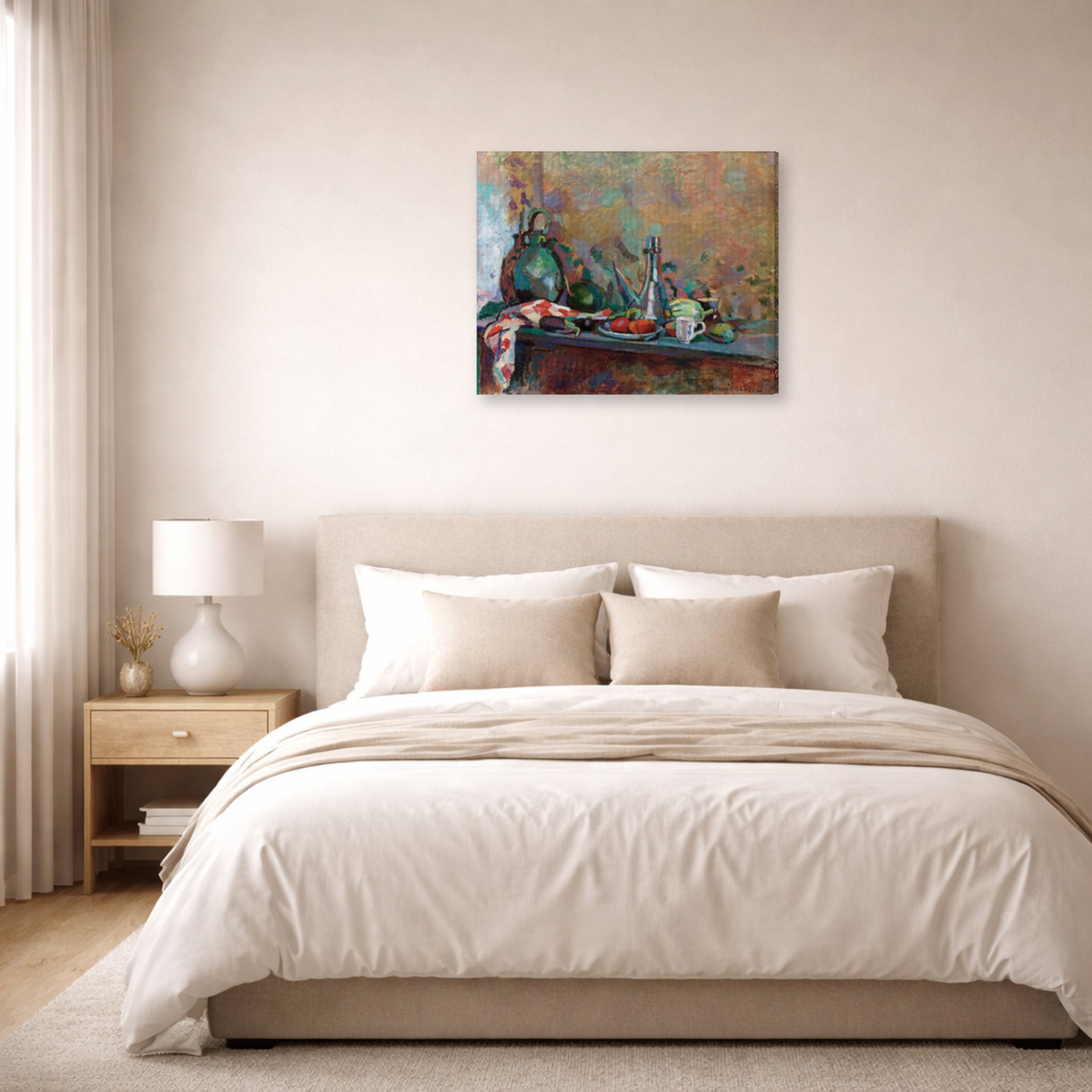 Gallery-wrapped canvas print of Henri Matisse's Still Life with Purro hanging above a bed in a bedroom