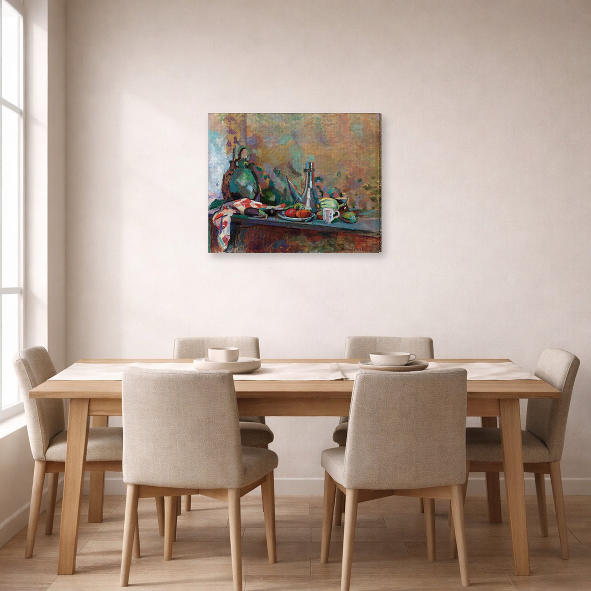 Gallery-wrapped canvas print of Henri Matisse's Still Life with Purro hanging on a dining room wall